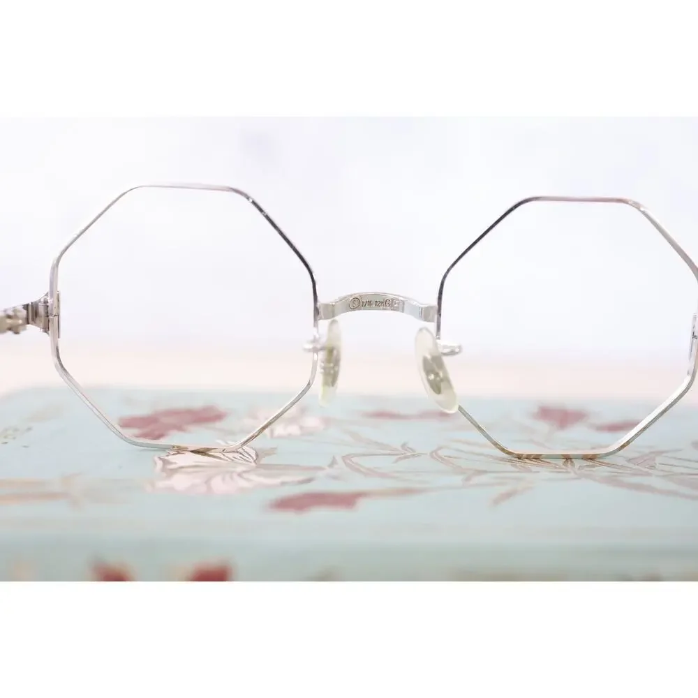 vintage 1960s Octagon Eyeglass 1/10 12K Gold filled and temples silver tone NOS